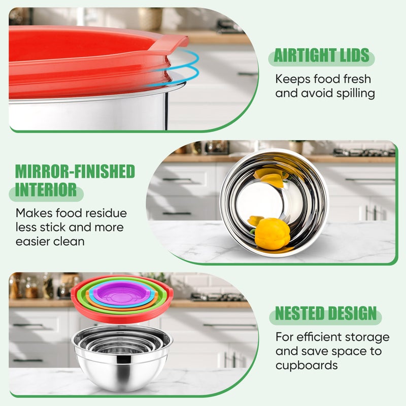 P&P CHEF Mixing Bowls with Airtight Lids Set of 5, 10-Piece Stainless Steel Mixing Nesting Bowl, Metal Bowl with Lid for Kitchen Prepping & Storing, Size 4.6, 3, 1.5, 1, 0.7 QT, Multicolor - Image 3